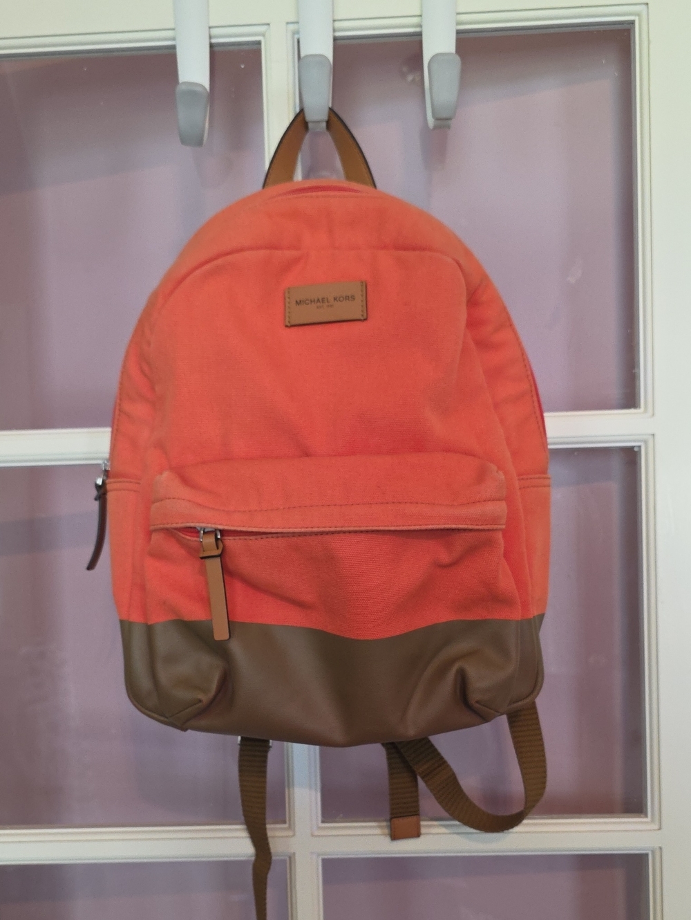Michael Kors Orange Canvas Backpack with Brown Leather Trim